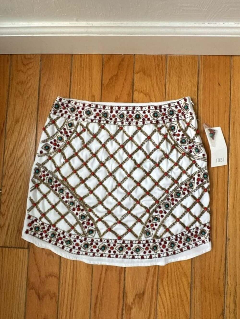White Embellished Beaded Boho Festival Wear Statement Piece Mini Skirt S/P Maxim